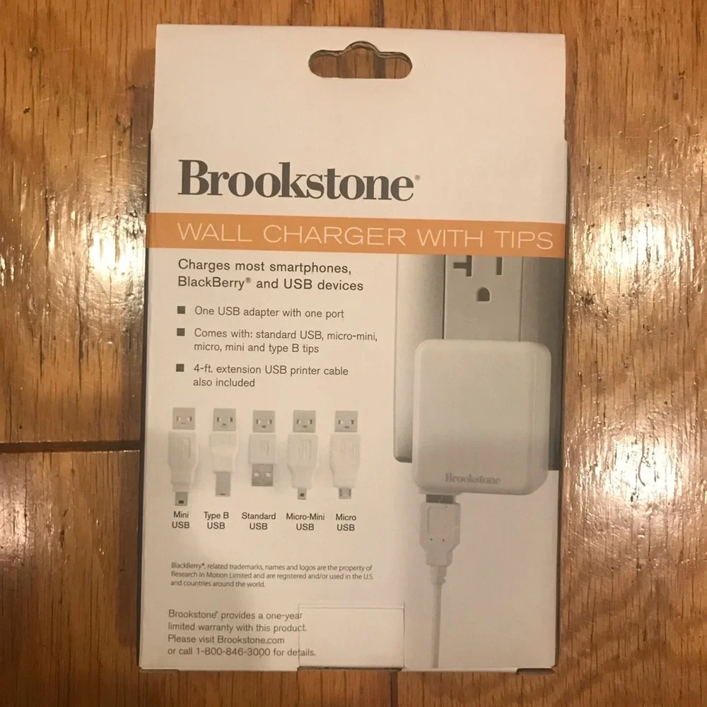 Brookstone Wall Charger With 5 USB Tips Micro-mini Mice Min Type B Standard NIB